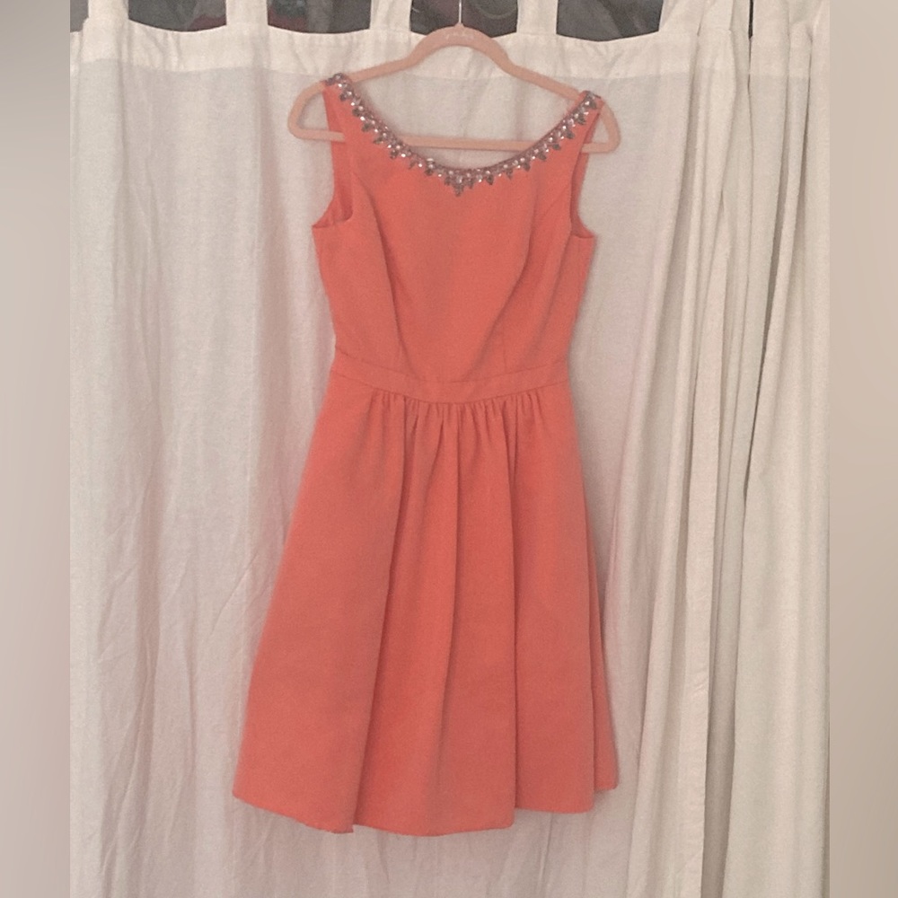 David’s Bridal peach mini cutout dress with beadwork